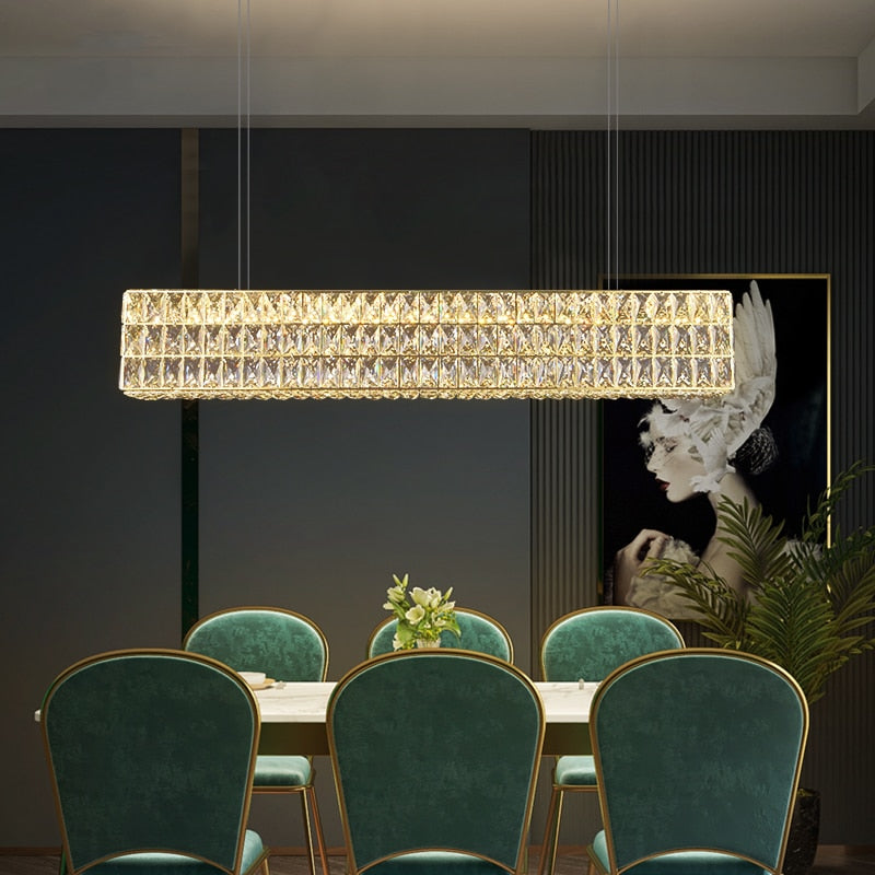 Modern Gold Led Long Crystal Chandelier Luxury Home Lamp Glossy Rectangle Living Room Dining