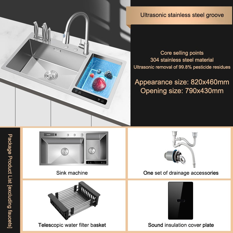 Kitchen Sink Stainless Steel Dishwashing Ultrasonic Dishwasher Multifunctional Intelligent Net