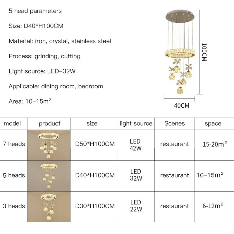 Post - Modern Led Chandelier Nordic Simple Light Luxury 3/5/7 Head Crystal Pendent Lamp Suitable