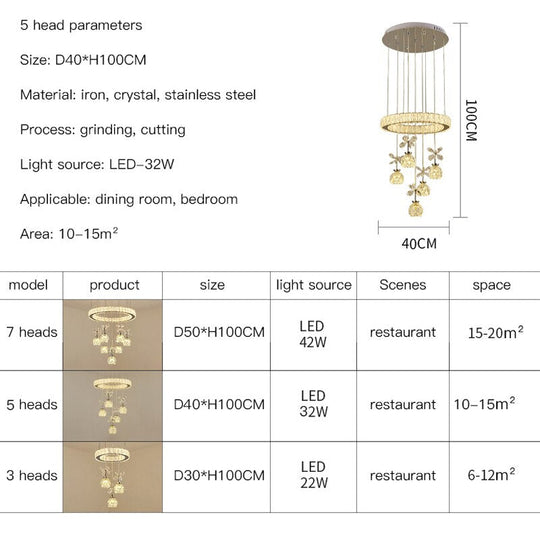 Post - Modern Led Chandelier Nordic Simple Light Luxury 3/5/7 Head Crystal Pendent Lamp Suitable