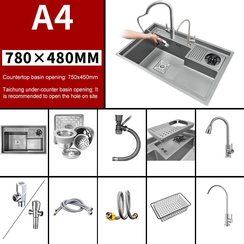 Grey Drop In Kitchen Sink Workstation Undermount Single Bowl 304 Stainless Steel With Drain Basket