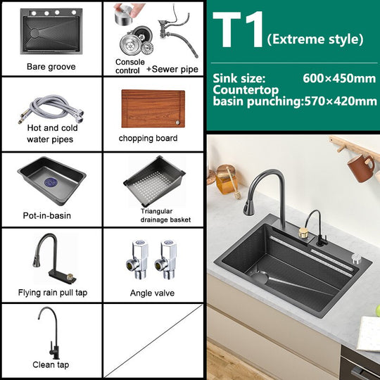 Waterfall Sink Kitchen 304 Stainless Steel Large Single Slot Modern Multifuctional Workstation With