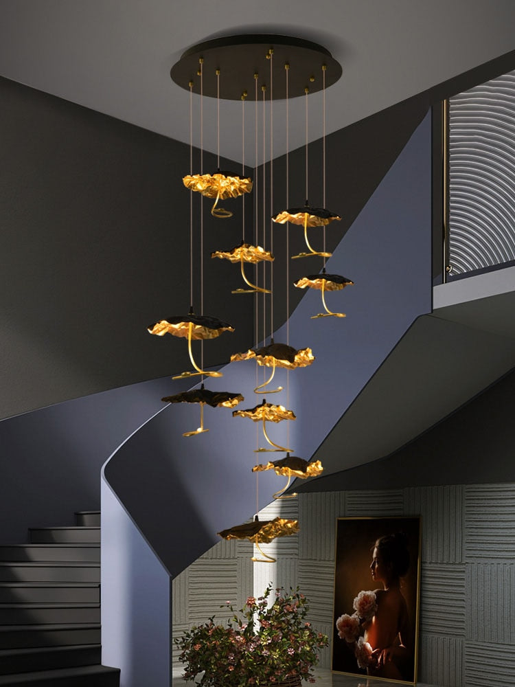 Modern Copper Lotus Staircase Led Chandelier Luxury Large Leaf Villa Stair Lighting Fixtures