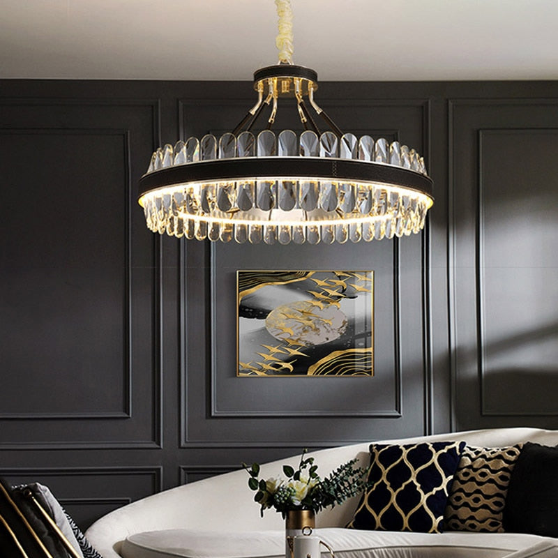 Crystal Dimmable Led Light Ceiling Chandeliers Black Leather Luxury Lustres Round Hanging Lamps