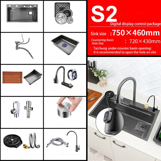 New Black Nanometer 304 Stainless Steel Waterfall Kitchen Sink 3Mm Thickness Large Single Slot