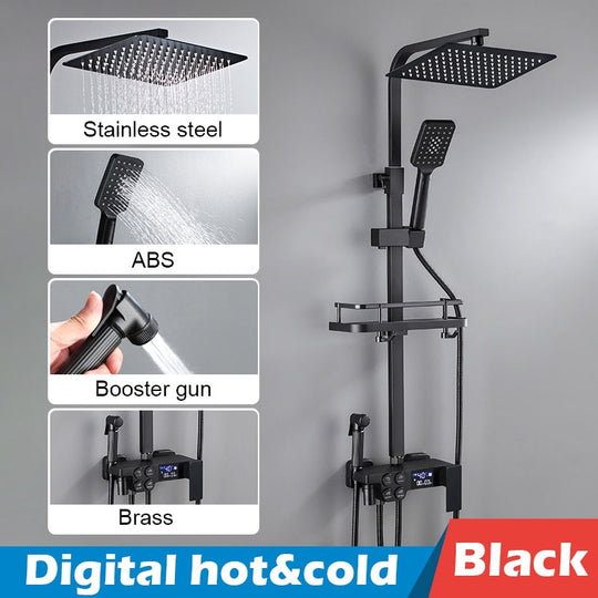 Bathroom Shower Set Black Gold Rain Faucet Thermostatic Digital Display Mixer Taps Copper Systems