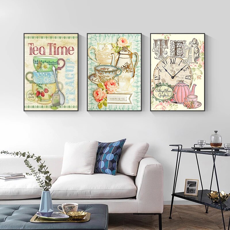 Vintage Coffee Cup And Cake Canvas Painting: Posters Prints For Kitchen Dining Decor Wall Painting