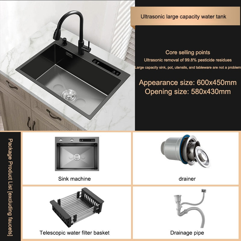 Kitchen Sink Stainless Steel Dishwashing Ultrasonic Dishwasher Multifunctional Intelligent Net