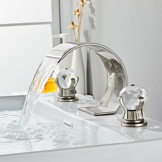 Bathroom Basin Faucet With Crystal Ball Switch Waterfall Faucets Hot Cold Water Mixer Tap Set Dual