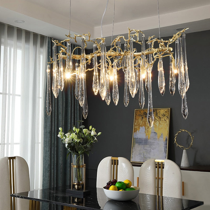 Creative Tree Branch Lamp Long Copper Chandelier For Dining Room Restaurant Crystal Kitchen Island