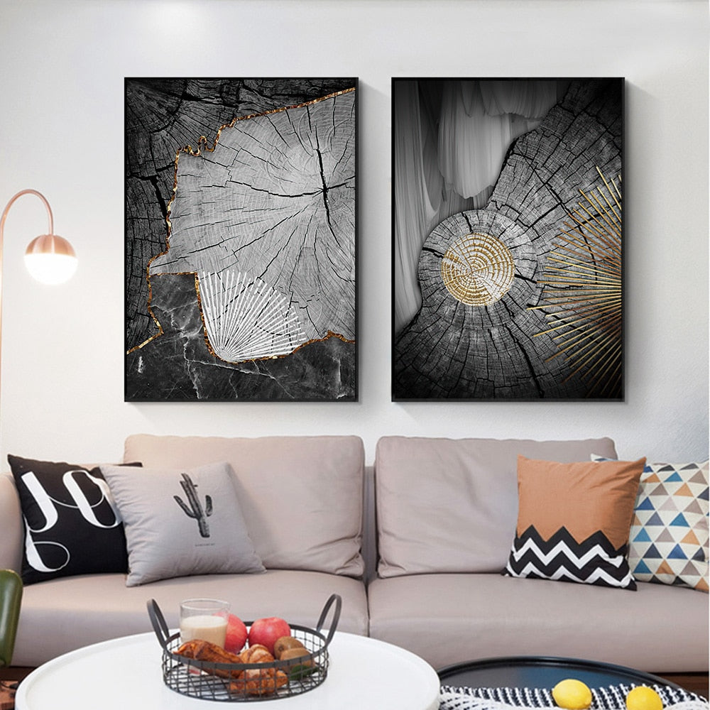 Golden Black Wood Texture Canvas Art - Modern Nordic Decor For Living Room