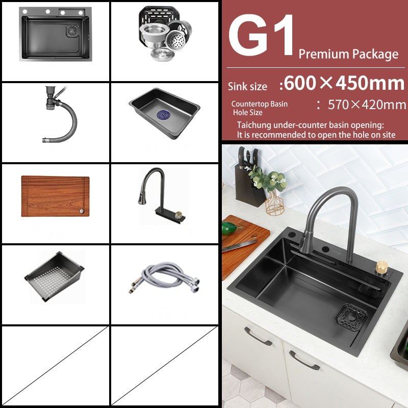 New Black Nanometer 304 Stainless Steel Waterfall Kitchen Sink 3Mm Thickness Large Single Slot