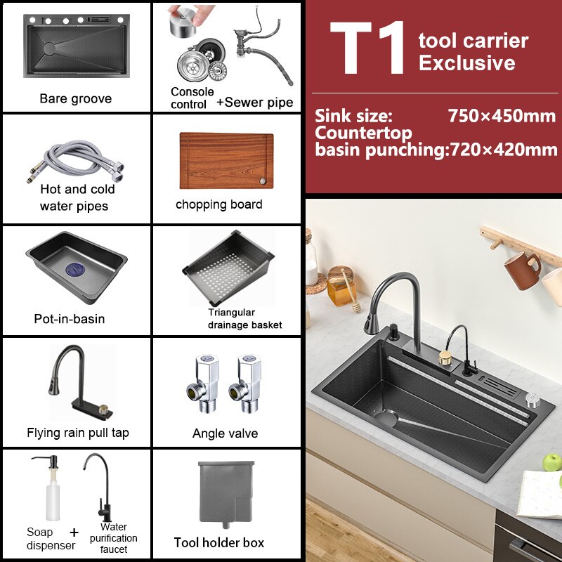 New Waterfall Sink Stainless Steel Kitchen Large Single Household Washbasin Embossed Honeycomb