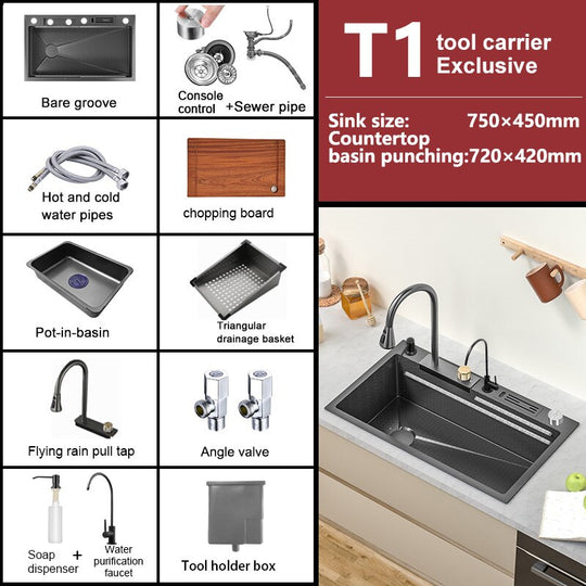 New Waterfall Sink Stainless Steel Kitchen Large Single Household Washbasin Embossed Honeycomb