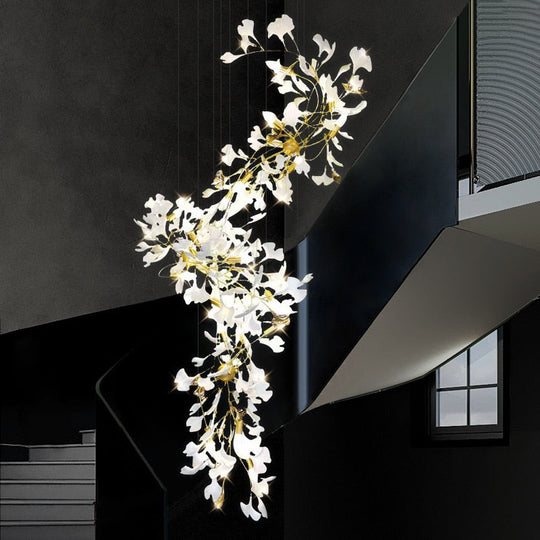 Modern Ceramic Petal Chandelier Nordic Design Ginkgo Branch Leaves Copper Led Lighting Living Room