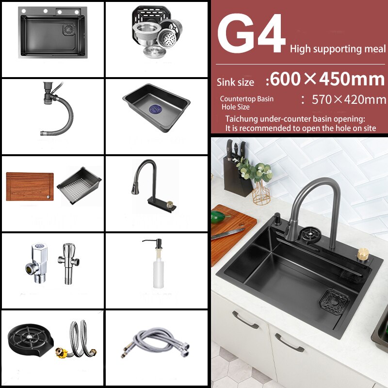 New Black Nanometer 304 Stainless Steel Waterfall Kitchen Sink 3Mm Thickness Large Single Slot