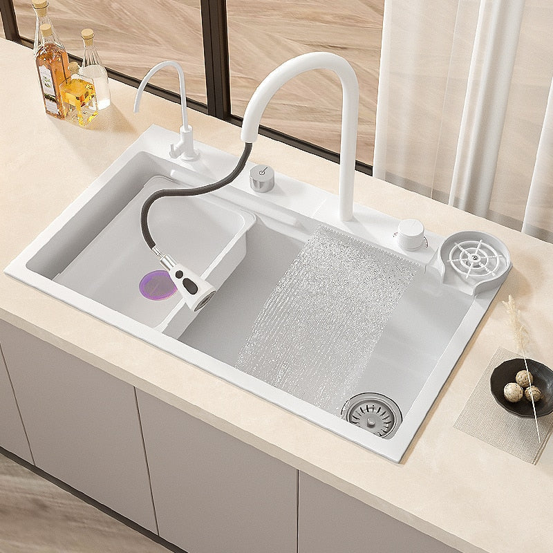 Waterfall Kitchen Sink White Large Single Slot Nano 304 Stainless Steel Sink With Faucet For Sink