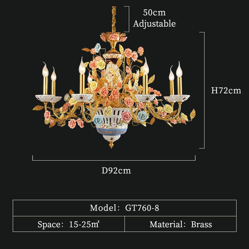 French Rose Ceramic White Chandelier Living Room Duplex Villa Classical Luxury Brass Decorative