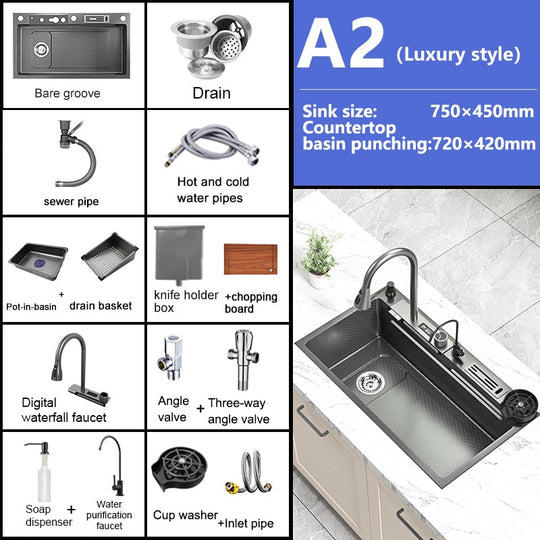 Waterfall Kitchen Sink Stainless Steel Embossed Washbasin Large Single Slot Left Drain