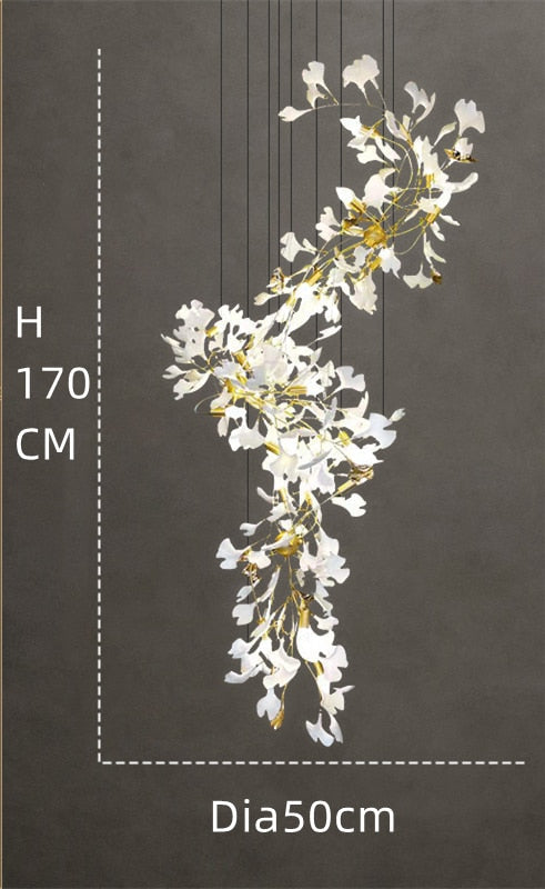 Modern Ceramic Petal Chandelier Nordic Design Ginkgo Branch Leaves Copper Led Lighting Living Room