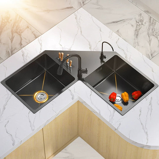 Shape Stainless Steel Kitchen Sink Household Corner Black L - Shaped Washibasin Hand Washing Bowl