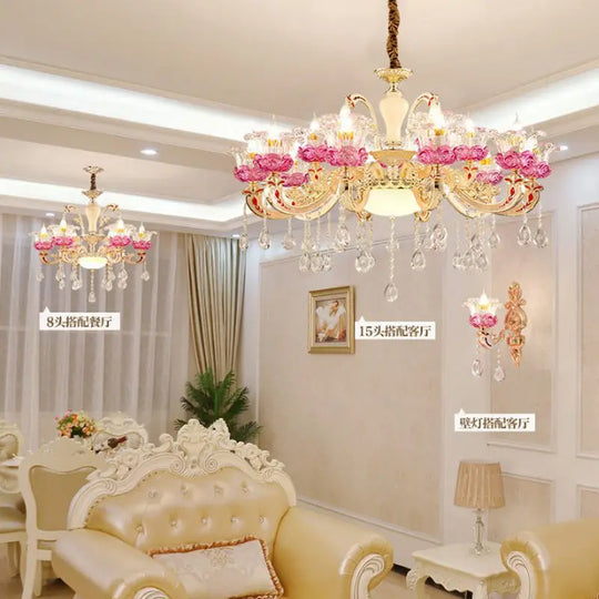 Luxurious European Crystal Flower Chandelier - French Villa Style Candle Lighting For Living And