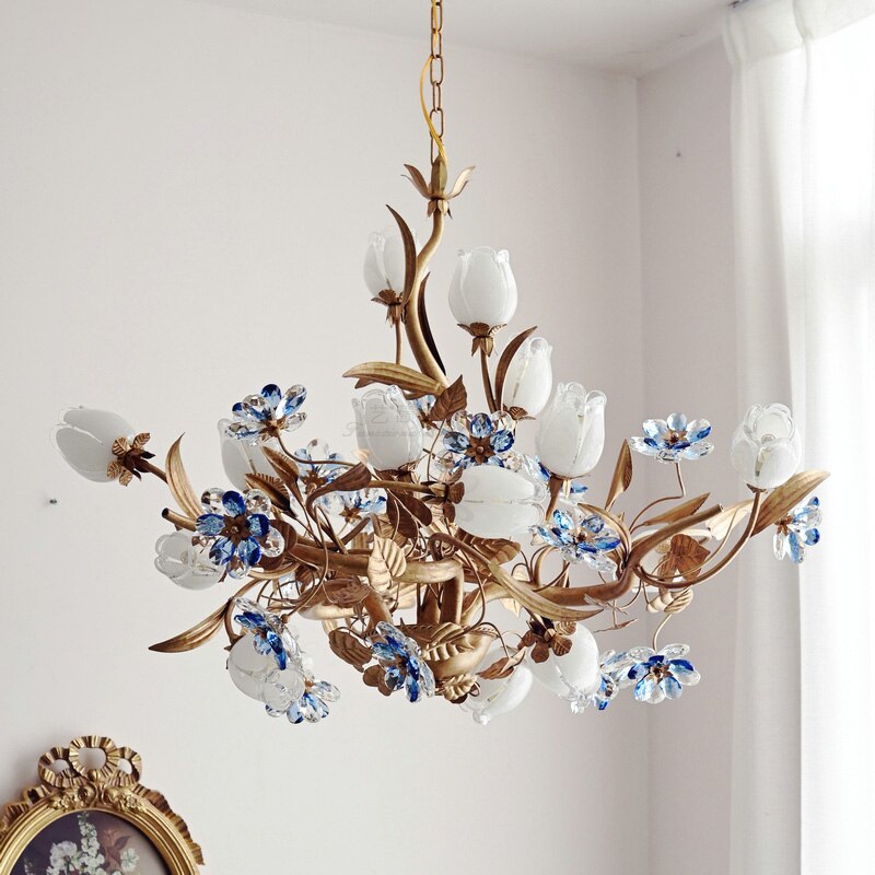 American Vintage Chandelier Lighting E14 Bulb Luxury Crystal Blue Farmhouse Ceiling Pendant Lamp