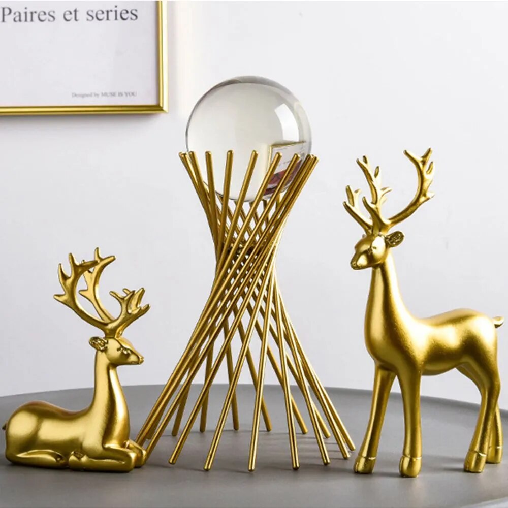 Abstract Shape Crystal Ball Craft Ornament Golden Iron Art Statue Luxury Figurine Decor Glass