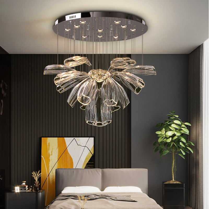 Modern Big Glass Chandelier For Living Room Led Home Decor Indoor Lighting Luxury Silver Hanging