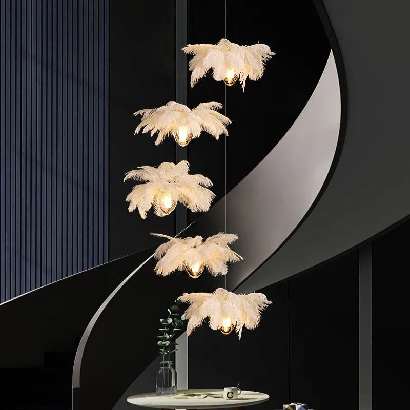 Ava Modern Ostrich Feather Chandelier - Elegant Glass Pendant Light For Staircases And Home Decor