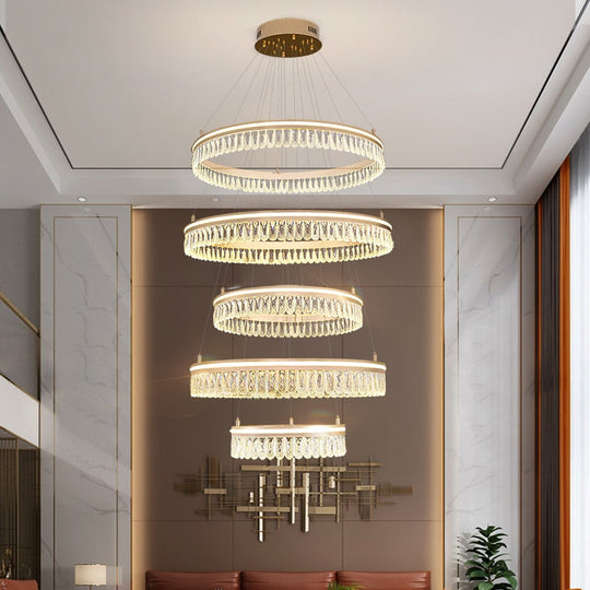 Modern Led K9 Crystal Chandelier 3 / 4 Ring Living Dining Room Hanging Light Circle Pendant Lamp