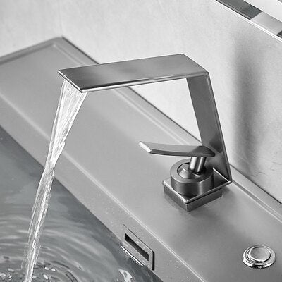 Brushed Gold Bathroom Faucet Basin Grey Water Waterfall Sink Tap Gun Grey / China Faucets