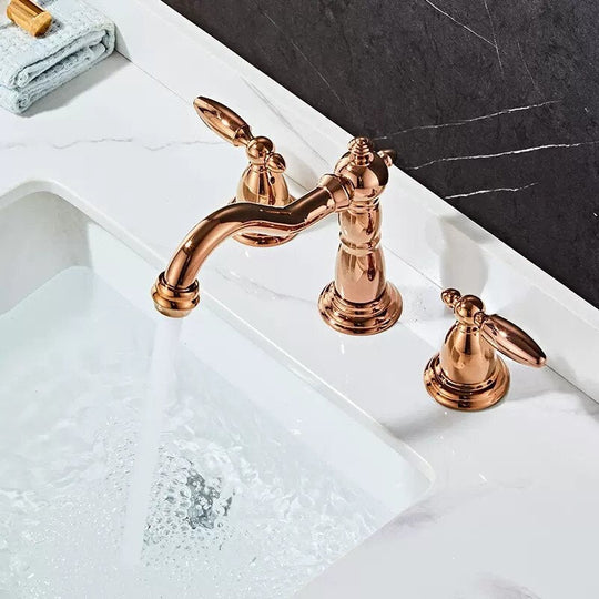Basin Faucet Brass Rose Gold Widespread Bathroom Antique Sink Faucets 3 Hole Hot And Cold Water Tap