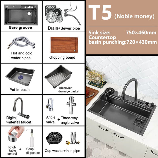 New Black Nanometer 304 Stainless Steel Waterfall Kitchen Sink 3Mm Thickness Large Single Slot