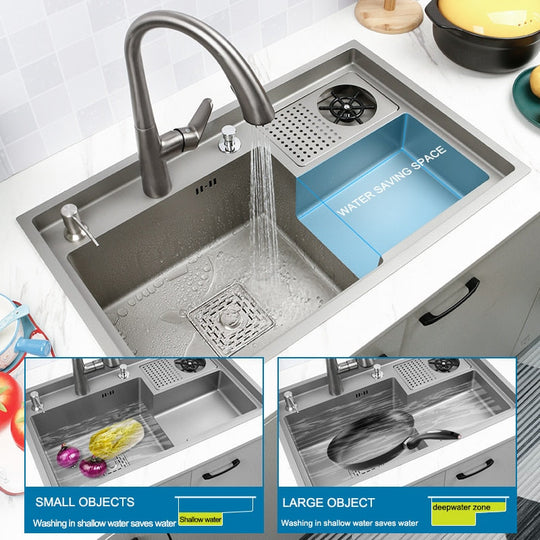 Grey Drop In Kitchen Sink Workstation Undermount Single Bowl 304 Stainless Steel With Drain Basket