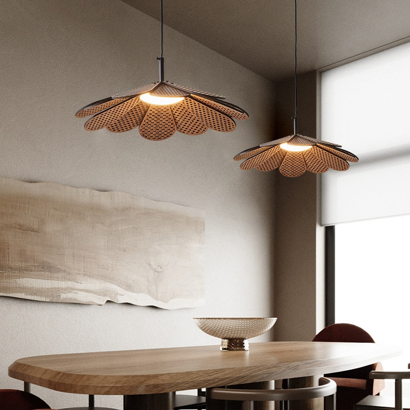 Korean Wood Dining Room Pendant Lights Petal Shape Warm Bedroom Kitchen Shop Lamp Cord Adjustable