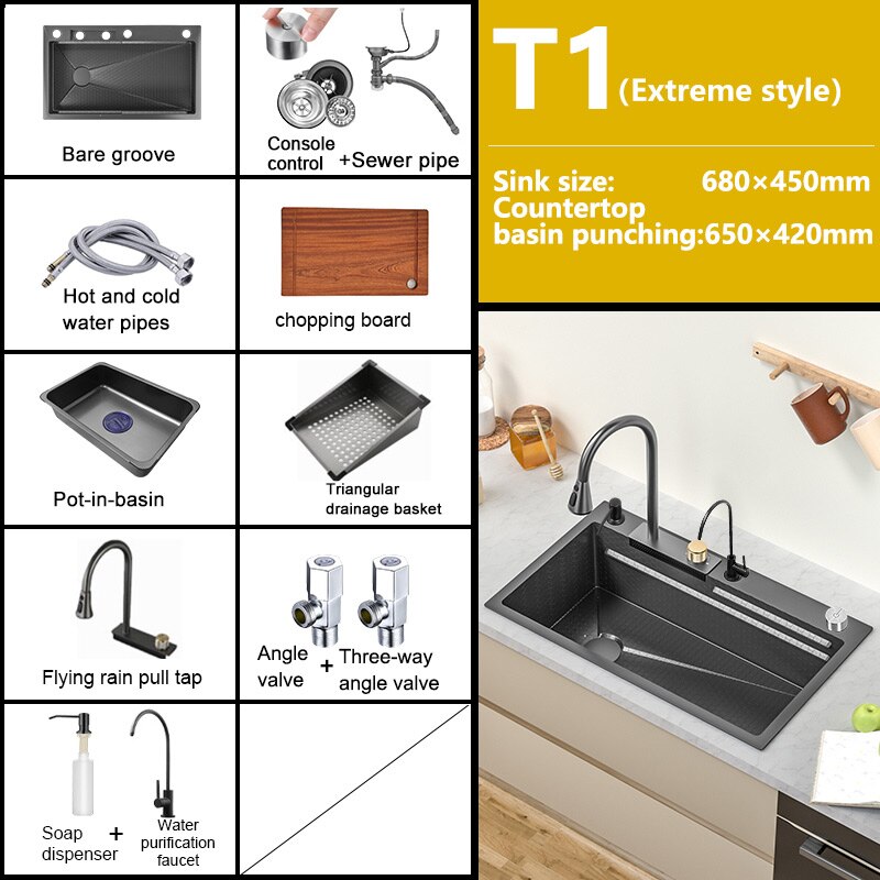 Waterfall Sink Kitchen 304 Stainless Steel Large Single Slot Modern Multifuctional Workstation With