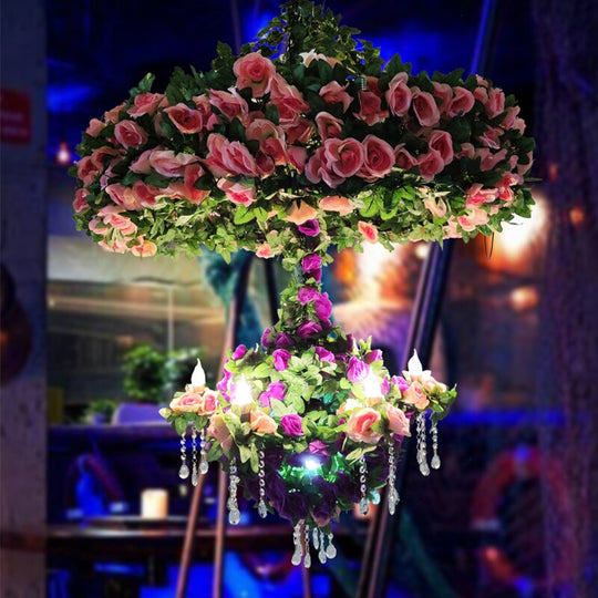 Simulation Flower Chandelier Theme Restaurant Wine Market Double Rose Crystal Chain Romantic