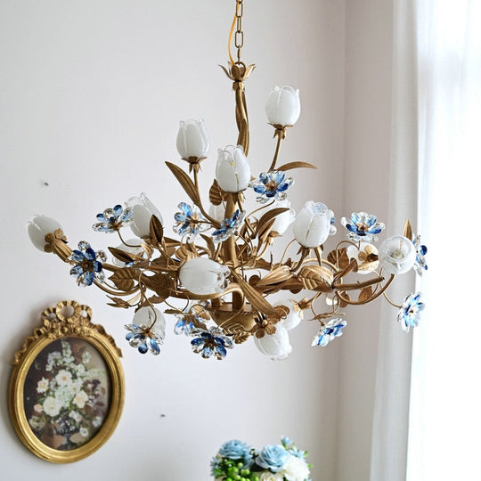 American Vintage Chandelier Lighting E14 Bulb Luxury Crystal Blue Farmhouse Ceiling Pendant Lamp