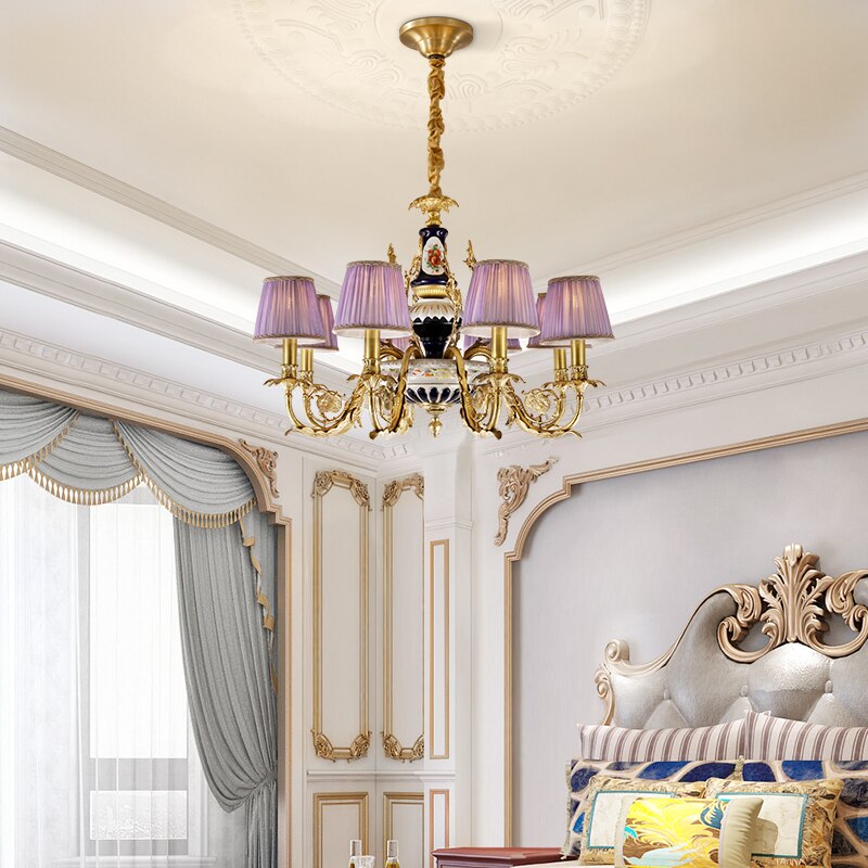 French Vintage Style Full Copper Chandelier Hand - Painted Ceramic Pattern Creative Villa Hotel