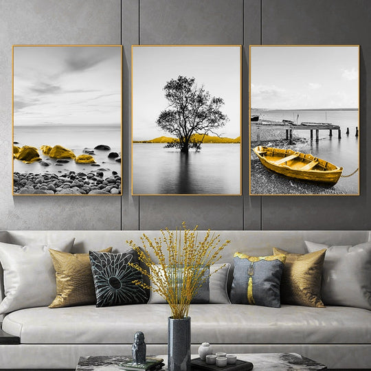 Lake Pier Landscape Canvas - Golden Boat Nordic Poster For Home Decor Printings