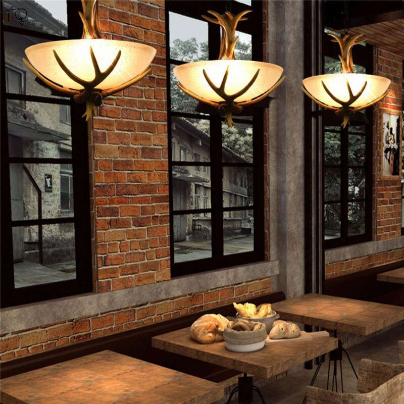 American Vintage Retro Resin Antler Pendant Lights Led Art Decor Loft Suspension Luminaire