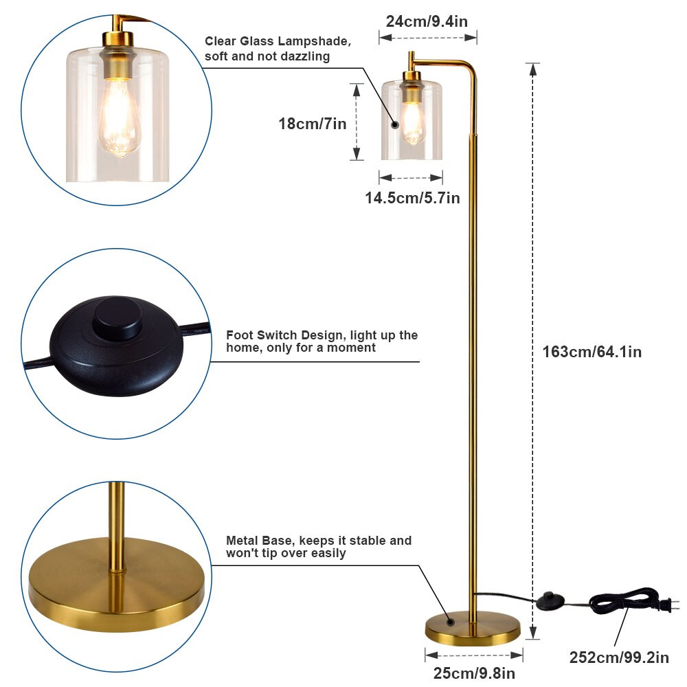 Nordic Vertical Metal Led Floor Lamp Glass Shade Brass Pole Arc Tall Lighting For Living Room