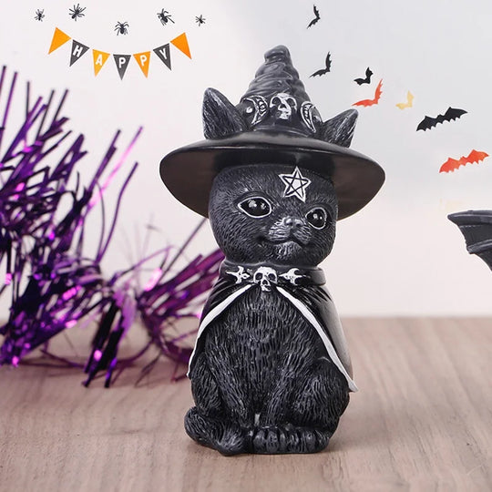 Garden Witch Cat Sculpture Gothic Kitten Decoration Halloween Magic Statue Resin Craft Ornament