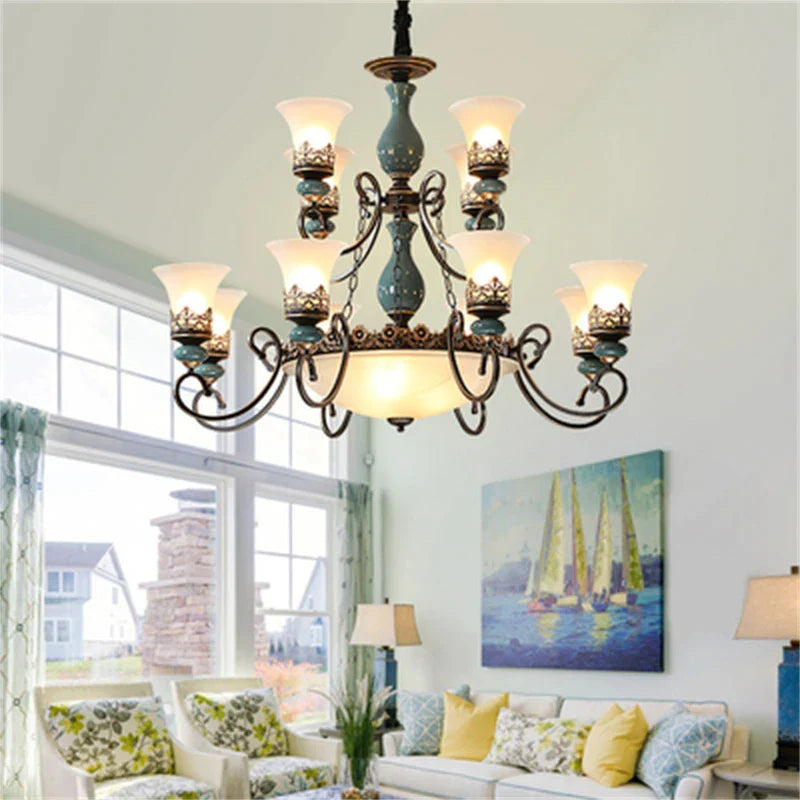 Isabella European Vintage Ceramic Chandelier - Classic Metal And Glass Design For Living Rooms