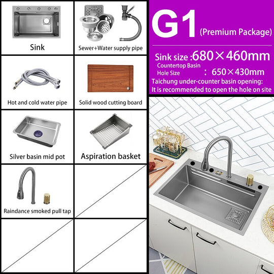 Kitchen Sink 304 Stainless Steel Large Single Slot With Multifunction Touch Waterfall Faucet For