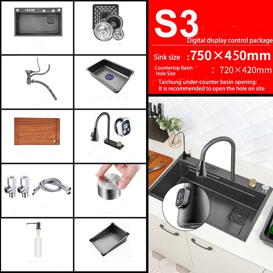 New Black Nanometer 304 Stainless Steel Waterfall Kitchen Sink 3Mm Thickness Large Single Slot