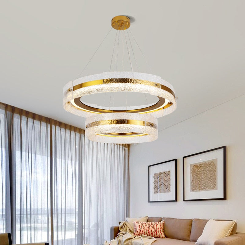 Modern Luxury Wave Clear Glass Led Pendant Light Gold Ring Chandelier Home Decor Living Room