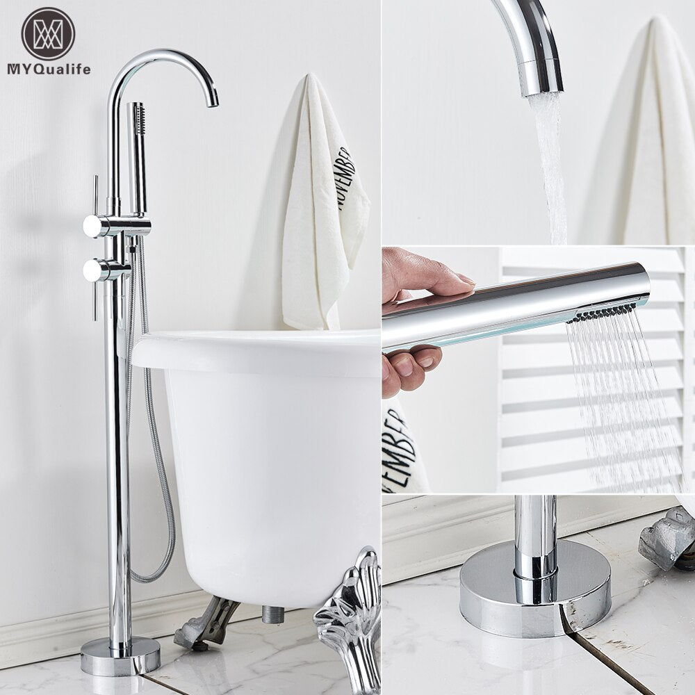 Floor Mounted Chrome Bath Tub Faucet Clawfoot Free Standing Mixer Tap With Handshower Single Lever