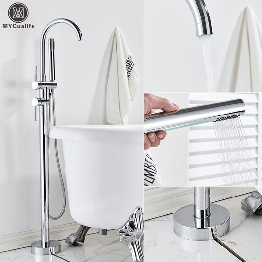 Floor Mounted Chrome Bath Tub Faucet Clawfoot Free Standing Mixer Tap With Handshower Single Lever